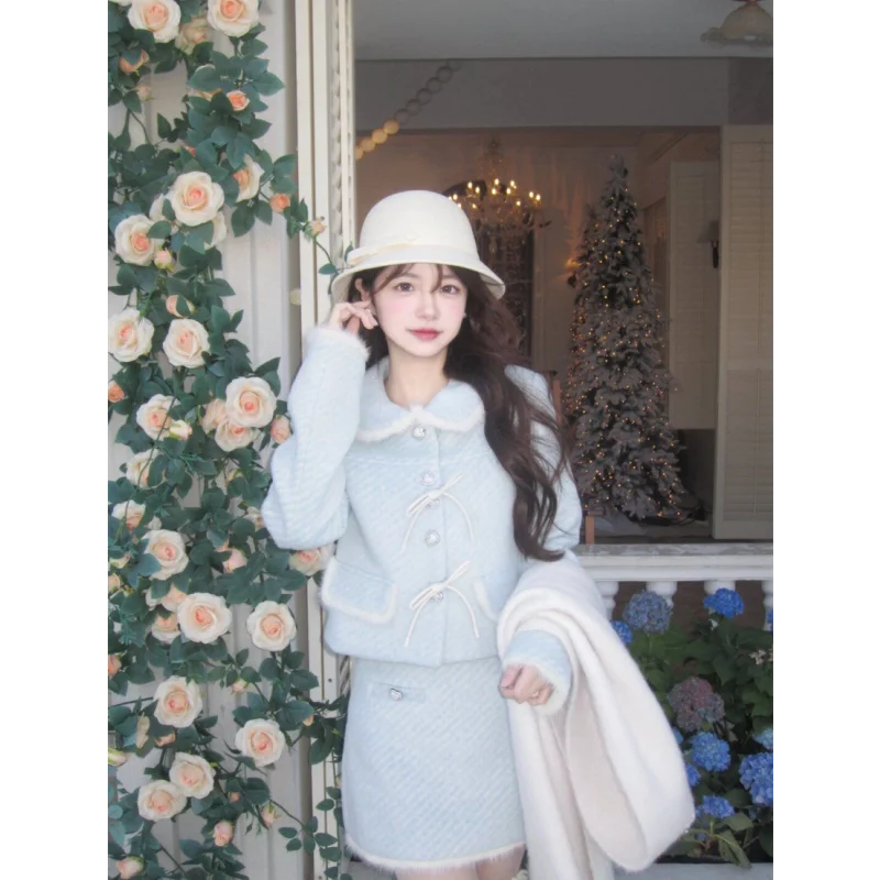 Sweet Doll Collar Woolen Coat Skirt Two-piece Set Women Fashion Bow Bead Love Button Temperament Gentle Solid Slim Winter Suit