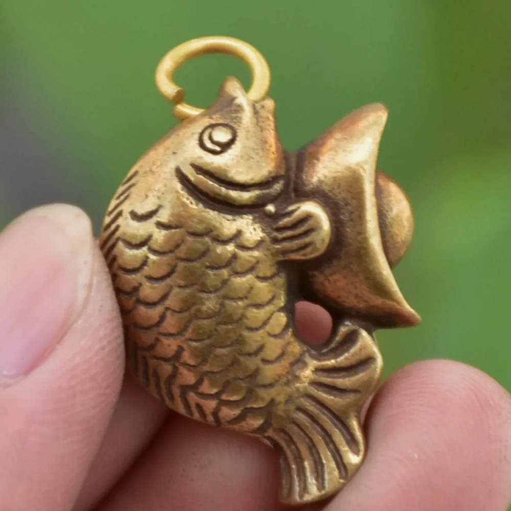 1.4" Old Chinese Brass Fengshui Year Fish Yuan bao Wealth Statue