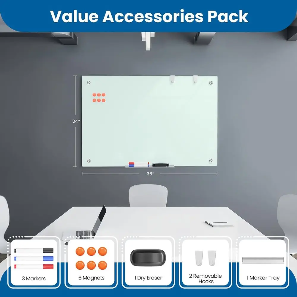 سبورة بيضاء من الزجاج المقسى مثبتة على الحائط مقاس 36 × 24 مع تصميم مغناطيسي بدون إطار للمنزل والمكتب والمدرسة