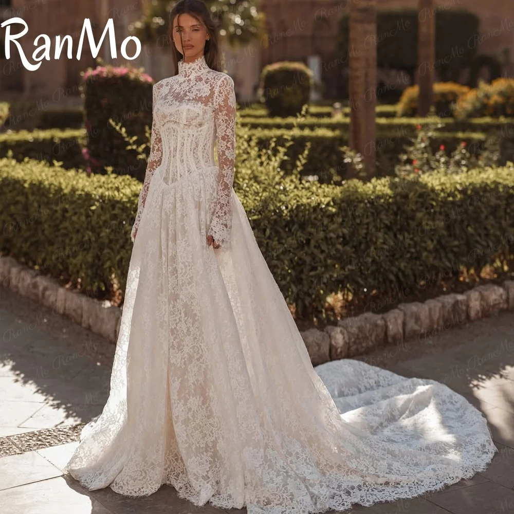 Ranmo New 2025 White Wedding Dress High Neck A-Line Full Sleeve Lace Wedding Gowns Luxury Boho Bridal Ball Prom Dress Customised