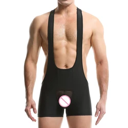 Men Undershirts Leotard Lingerie Mesh Penis Pouch See Through Sheer Bodysuits Boxers Wrestling Singlet Breathable Gay Jumpsuits