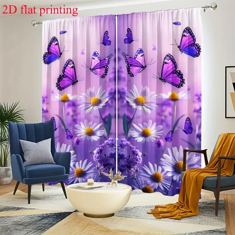 

2 шт. фиолетовых штор с бабочками и лесными цветами — яркие цветочные занавески для спальни, весенний декор