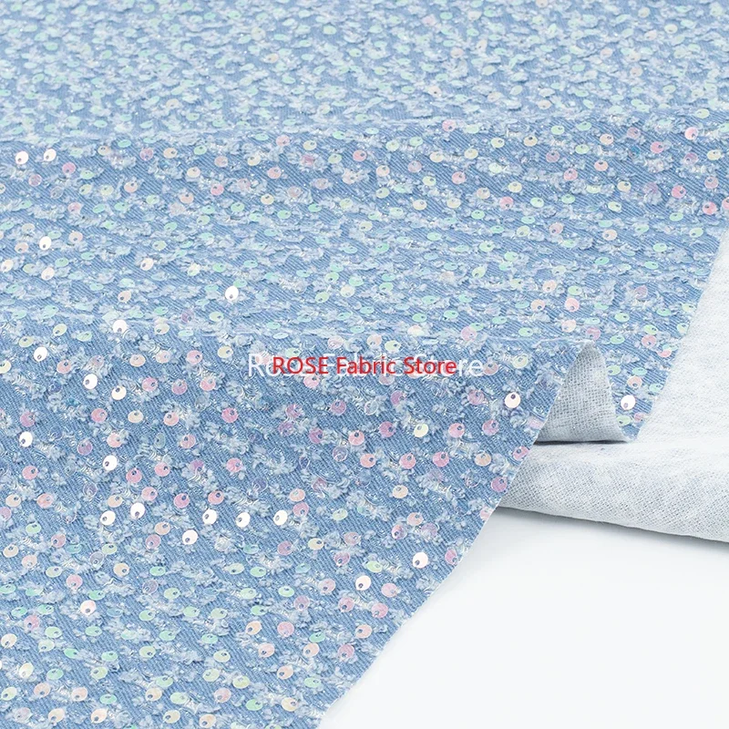 1 Meter Light Blue Jeans Fabric With Shiny Sequin Beadings After Washed Denim Telas With Broken Holes Fashion Sewing Materials