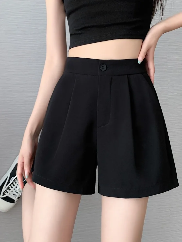 

Черные эластичные повседневные шорты с высокой талией для женщин, лето 2026, новые, тонкие, свободные, маленькие размеры, А-силуэт, широкие штанины