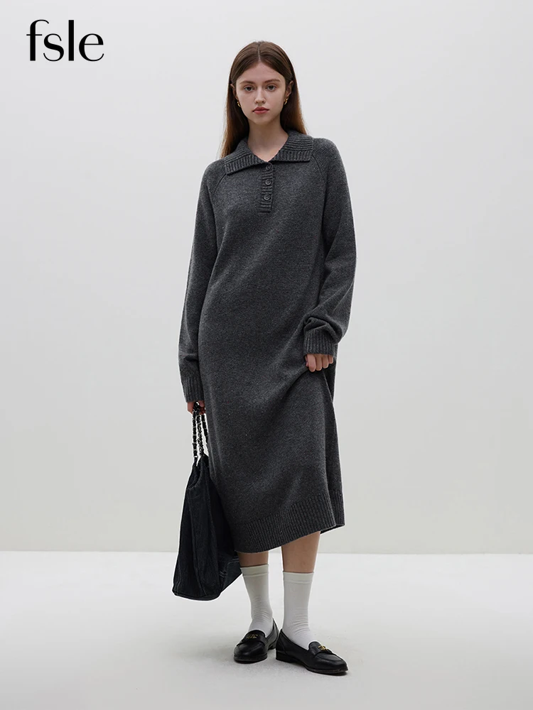 FSLE Knitted Dress Women's Winter 2023 New Straight Mid Length Colorful Dotted Yarn Woolen Dress Grey Women Dress Casual Loose