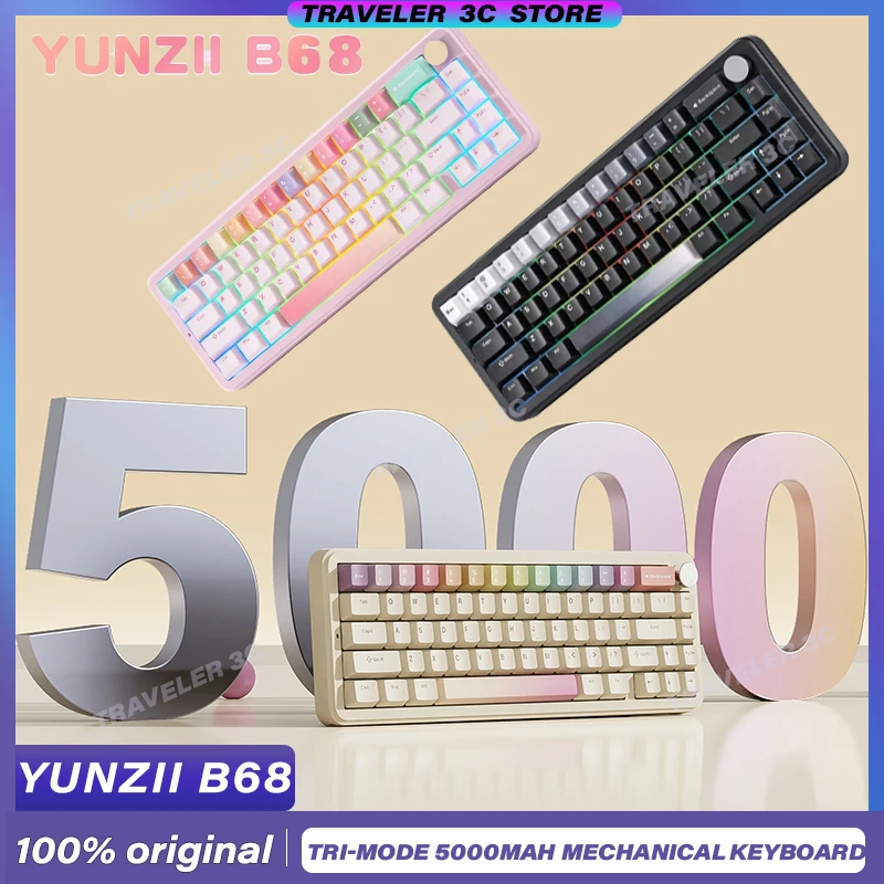 YUNZII B68 Wireless Tri-Mode mechanical keyboard 5000mah RGB light Gasket 68keys Customized Gaming Office Keyboard laptop PC