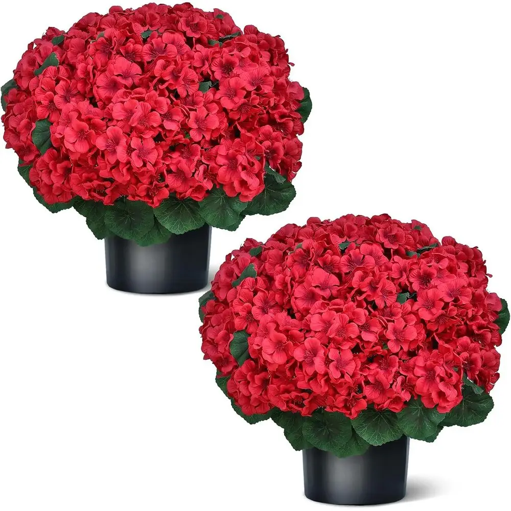 18 Artificial Red Geranium Topiary Set - Outdoor & Indoor UV-Resistant Potted Plants for Porch, Doorway, and Garden Decor