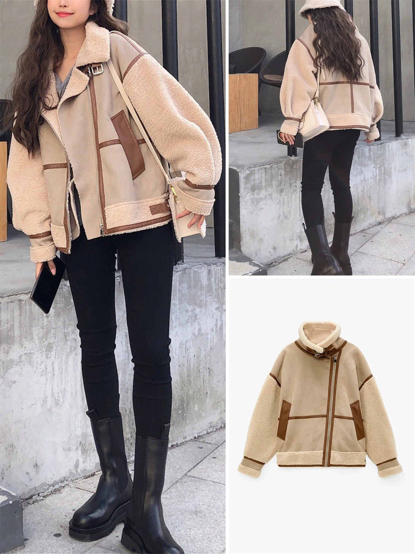 

Casual Sle Women's Jaet Autumn Winter Loose Fit Lamb Fur Skin Inteated Faion Splicing Outerwear Ladies Coat