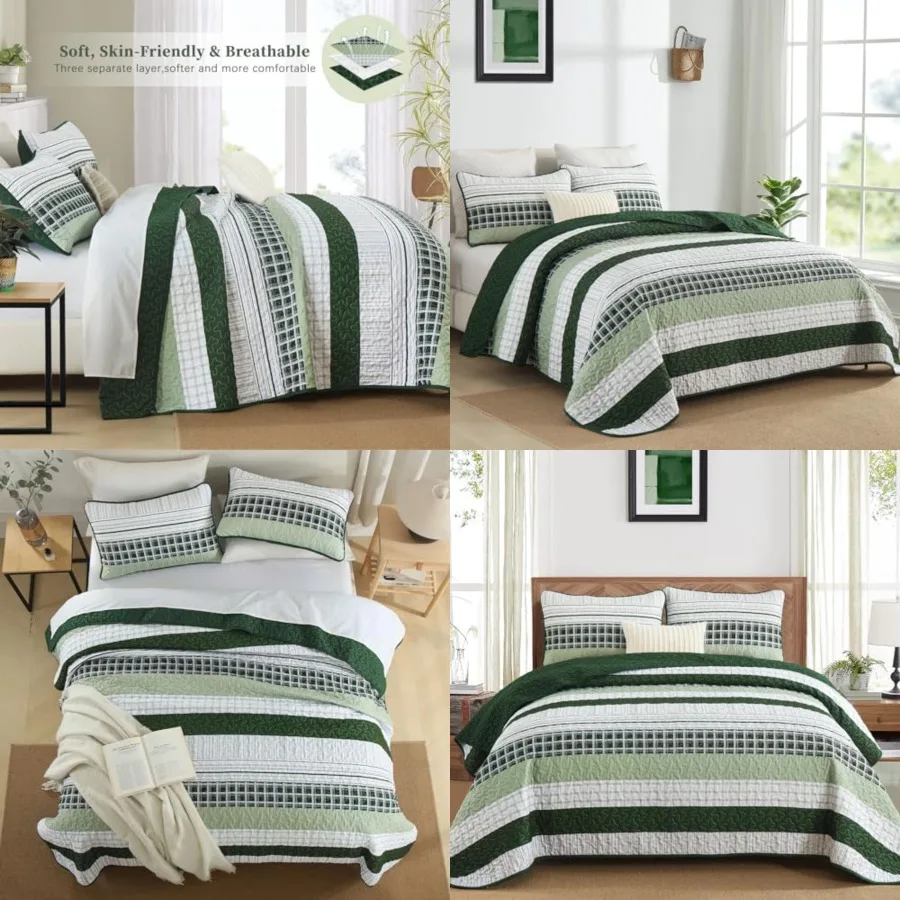 

Striped Quilt Set Size, Boho Bedspread Set 3 Pieces Patchwork Coverlet Bedding Set Lightweight Soft Microfiber for All Season 9