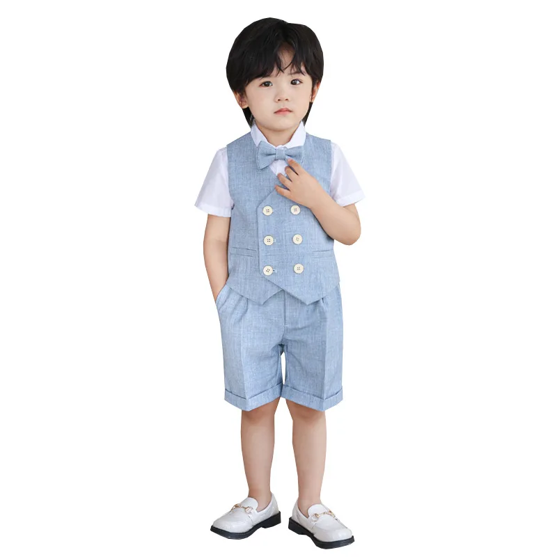 

Boys Summer Vest Shirt Shorts Bowtie Photograph Suit Children Wedding Dress Kids Kindergarten Performance School Uniform Costume