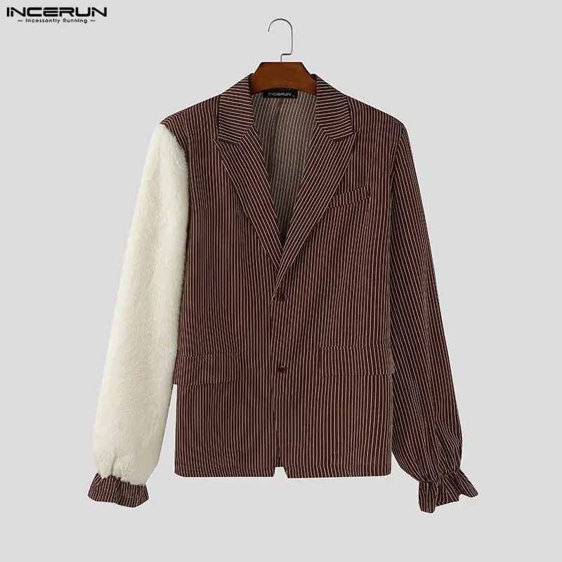 

INCERUN мужской пиджак в плюшевую полоску в стиле пэчворк с лацканами и длинными рукавами на пуговицах мужской костюм уличная одежда элегантные модные повседневные тонкие пальто мужские