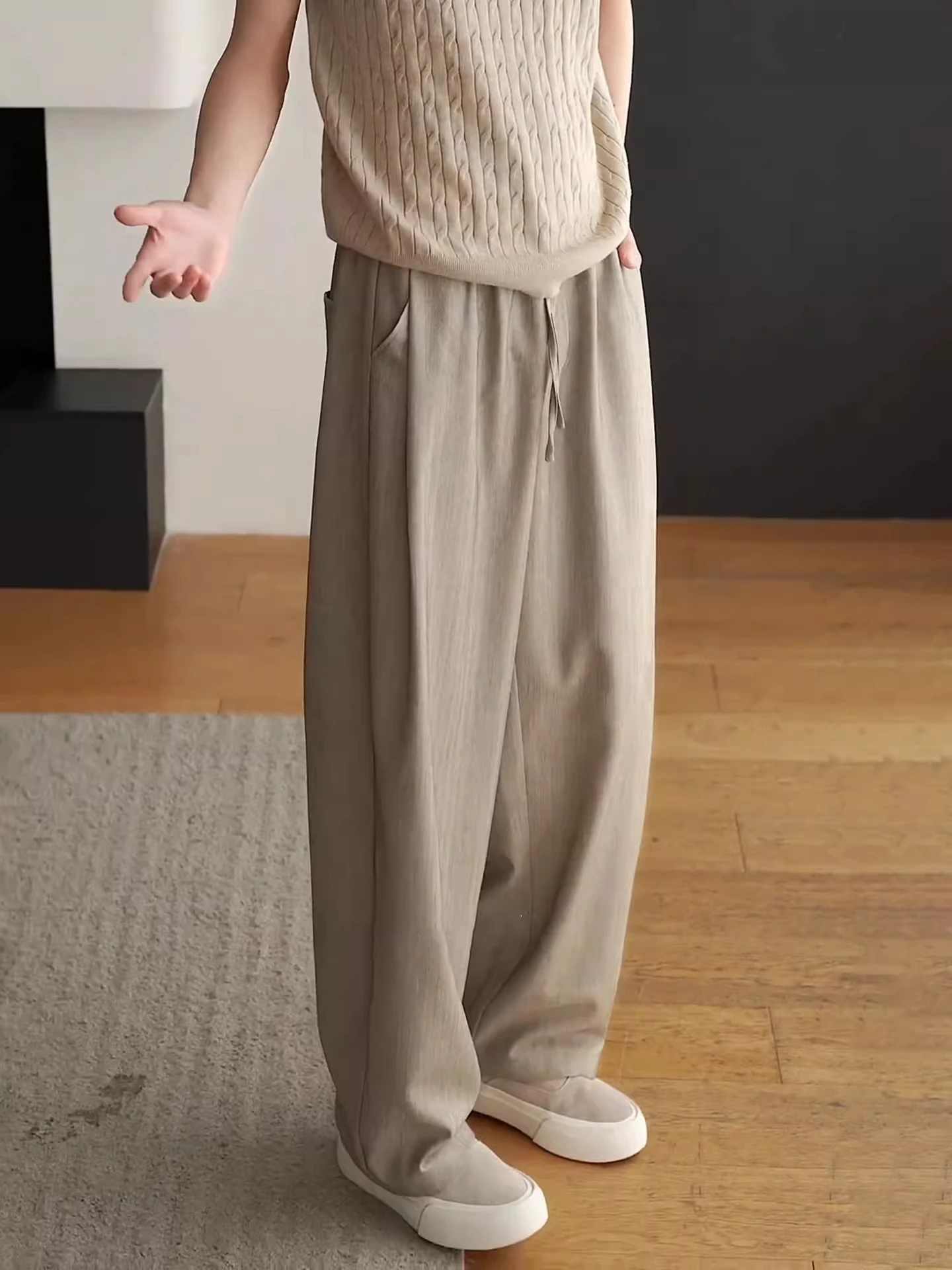 Men's Loose Casual Pants Draped Thin Summer Straight Leg Wide Leg Trousers Lazy Style Vertical Stripes Lightweight Comfortable