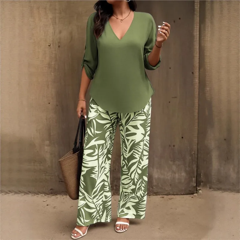 

Autumn New Women's Leaf Print Trousers Two-Piece Set Casual V-neck Long Sleeve Blouses Solid Tops & Long Pants Sets Female 2025