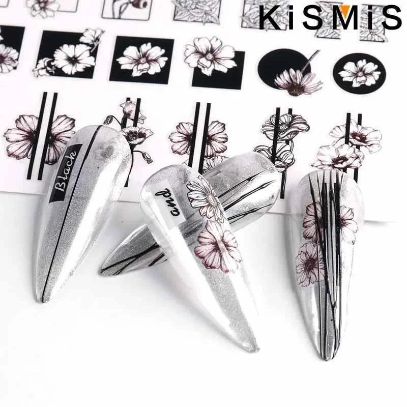 ثلاثية الأبعاد الأسود هندسية زهرة مسمار الفن ملصقات ذاتية اللصق المرأة مانيكير الديكور