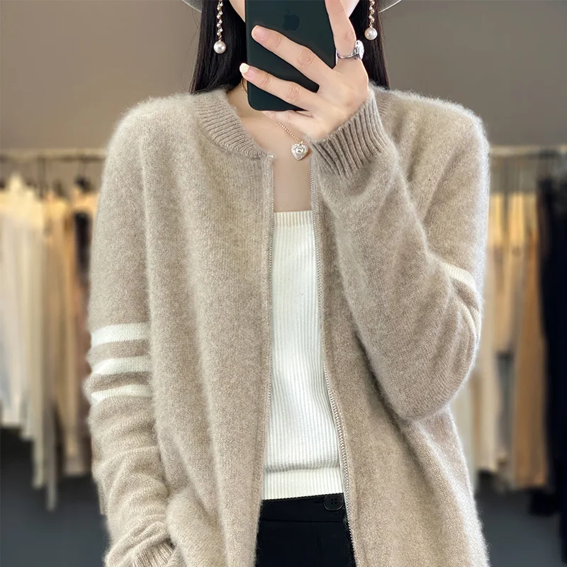 Sweater Women's Knitting Cardigan Clothing Autumn/Winter Casual Loose Top 100% Merino Wool Fashion Korean Large Zipper Jacket