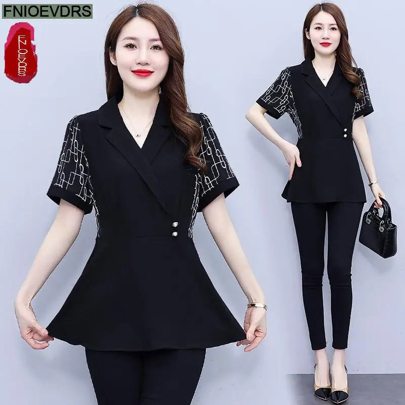 L-5XL 2023 Women Summer Short Sleeve Elegant Black Office Lady Work Button Shirt Casual Button Tunic Peplum Tops And Blouses