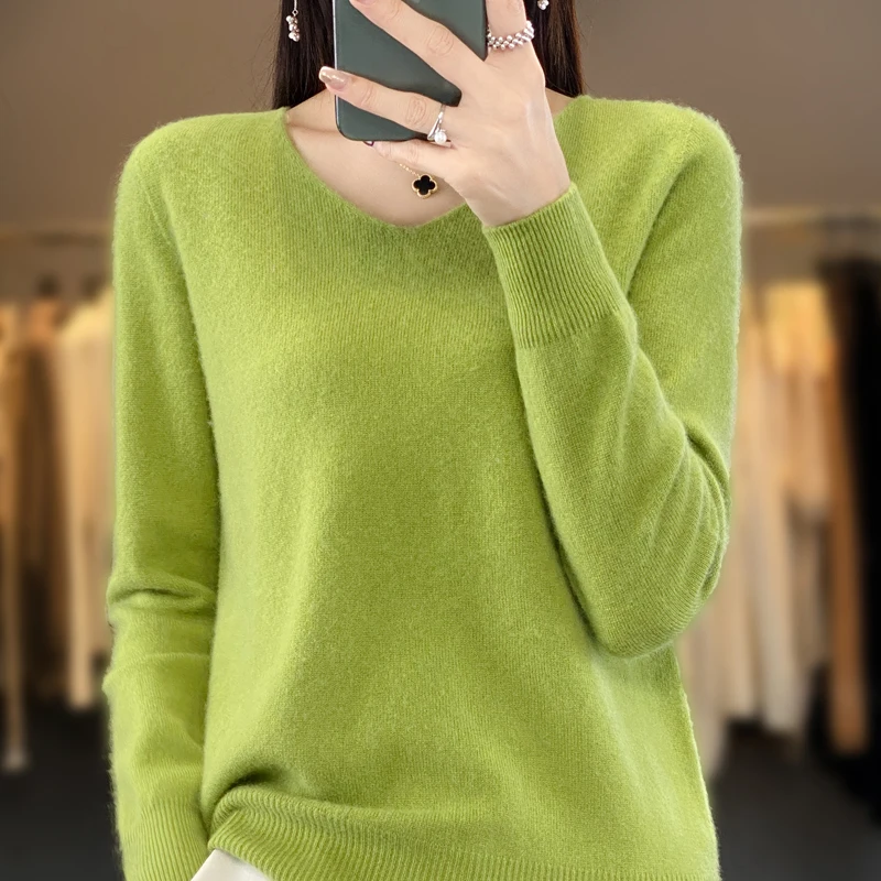 Women\'s Fine Round Neck Cashmere Knitted Comfortable Sweater 100% Pure Wool Merino Winter Fashion V-Neck Top Autumn Warm Pullove