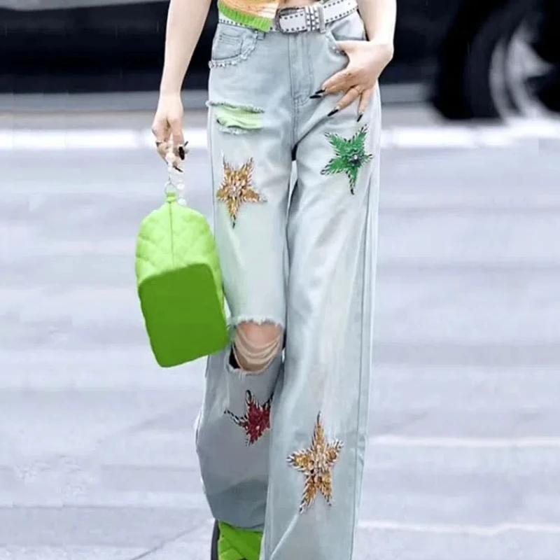 

Heavy Industry Diamond-inlaid Star Ripped Jeans for Women's Summer New Loose and Slim High Waist Wide-leg Straight Trousers