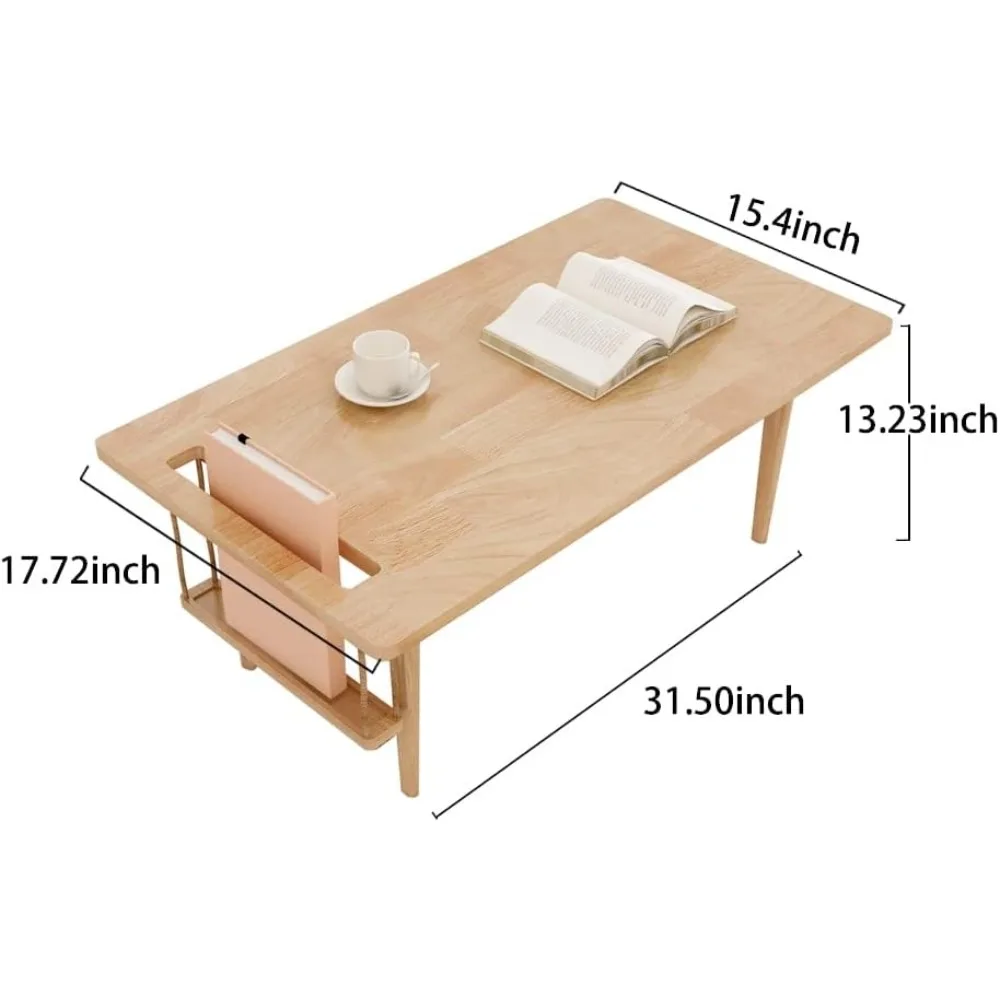 Mid Century Modern Wooden Mini Swing Table, Japanese Style Low Floor Desk, Solid Wood Side Table with Storage