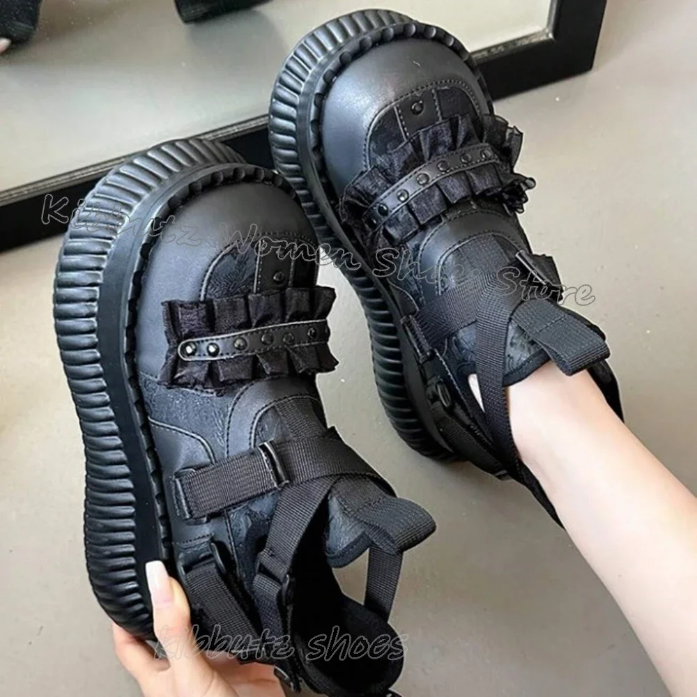 Lace Thick Bottom Sneaker Pump Platform Belt Buckle Elegant Fashion Comfortable Sexy Leather Women Shoes Round Toe New Hot Girls