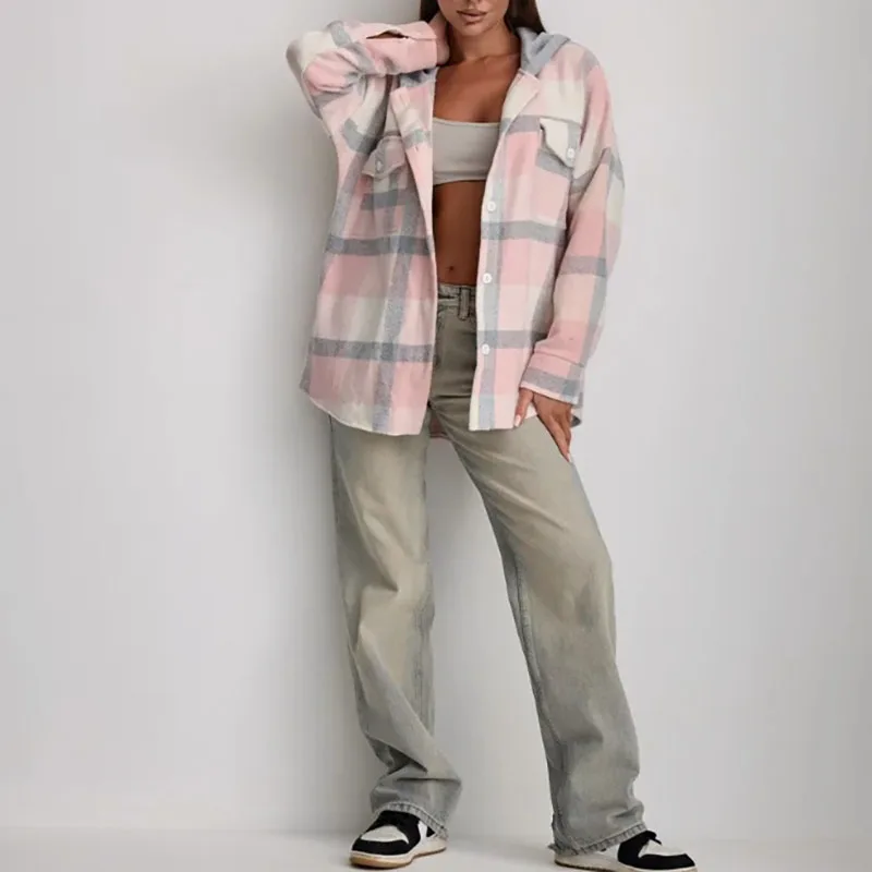 

Autumn Winter Elegant Wram Soft Short Jacket 2025 Fashion Street Checked Print Women's Clothing Casual Long Sleeve Hoodie Coats