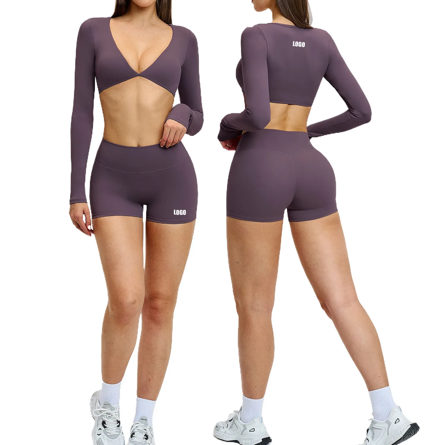 

Custom LOGO Women's Yoga Long Sleeve Sports Running Neck Fitness Back Yoga Clothing Shorts Two-piece Set