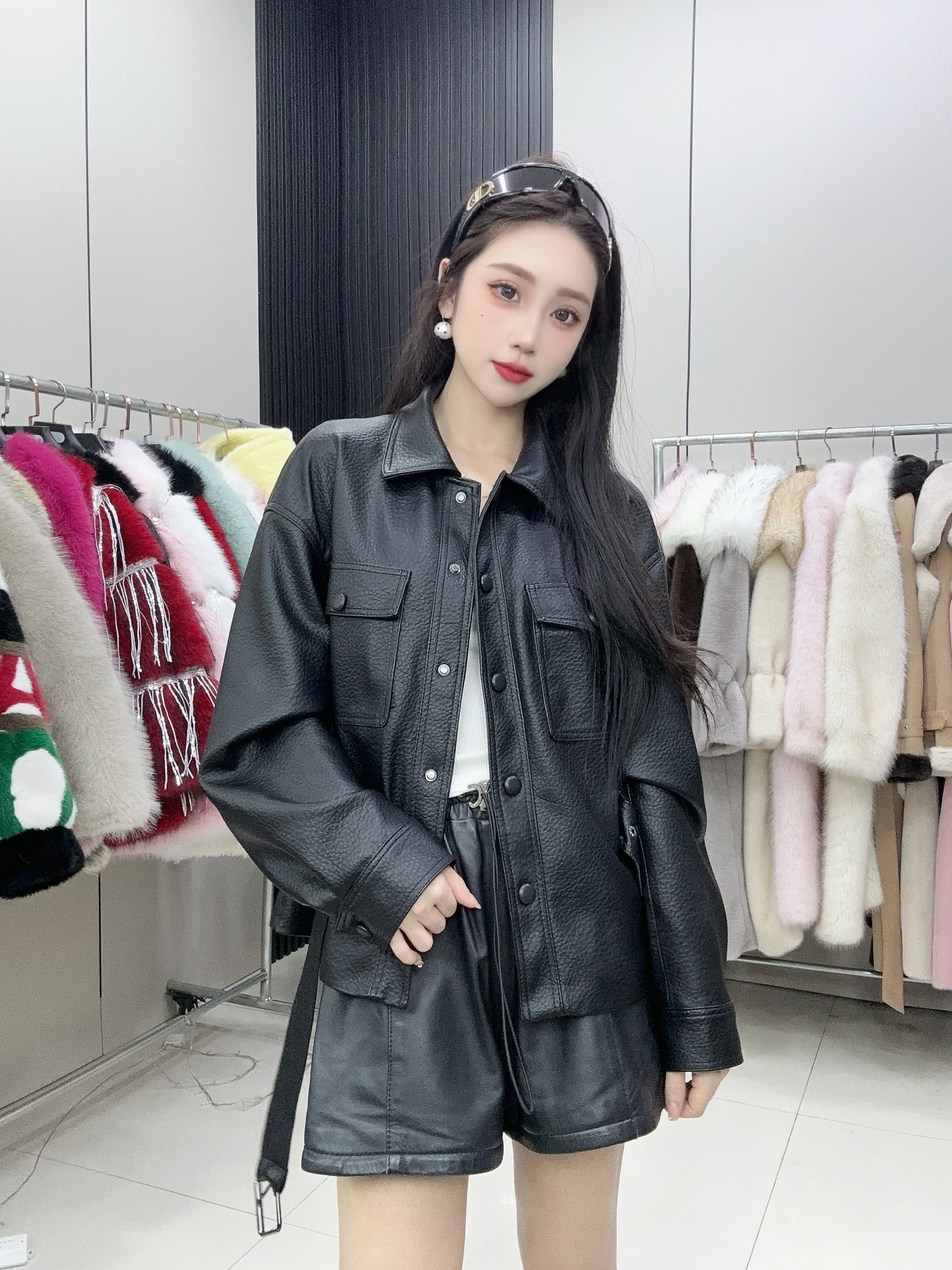 2025 Spring and Autumn Leather Jacket Temperament Waist Lapel Burgundy Leather Jacket Single-breasted Black Leather Jacket