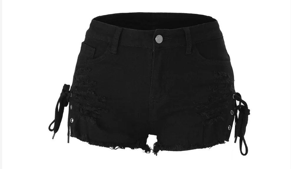 2025 Nuova moda estiva e pantaloncini di jeans elasticizzati a vita alta casual. Jeans corti da donna dal design vintage lavato e strappato con lacci