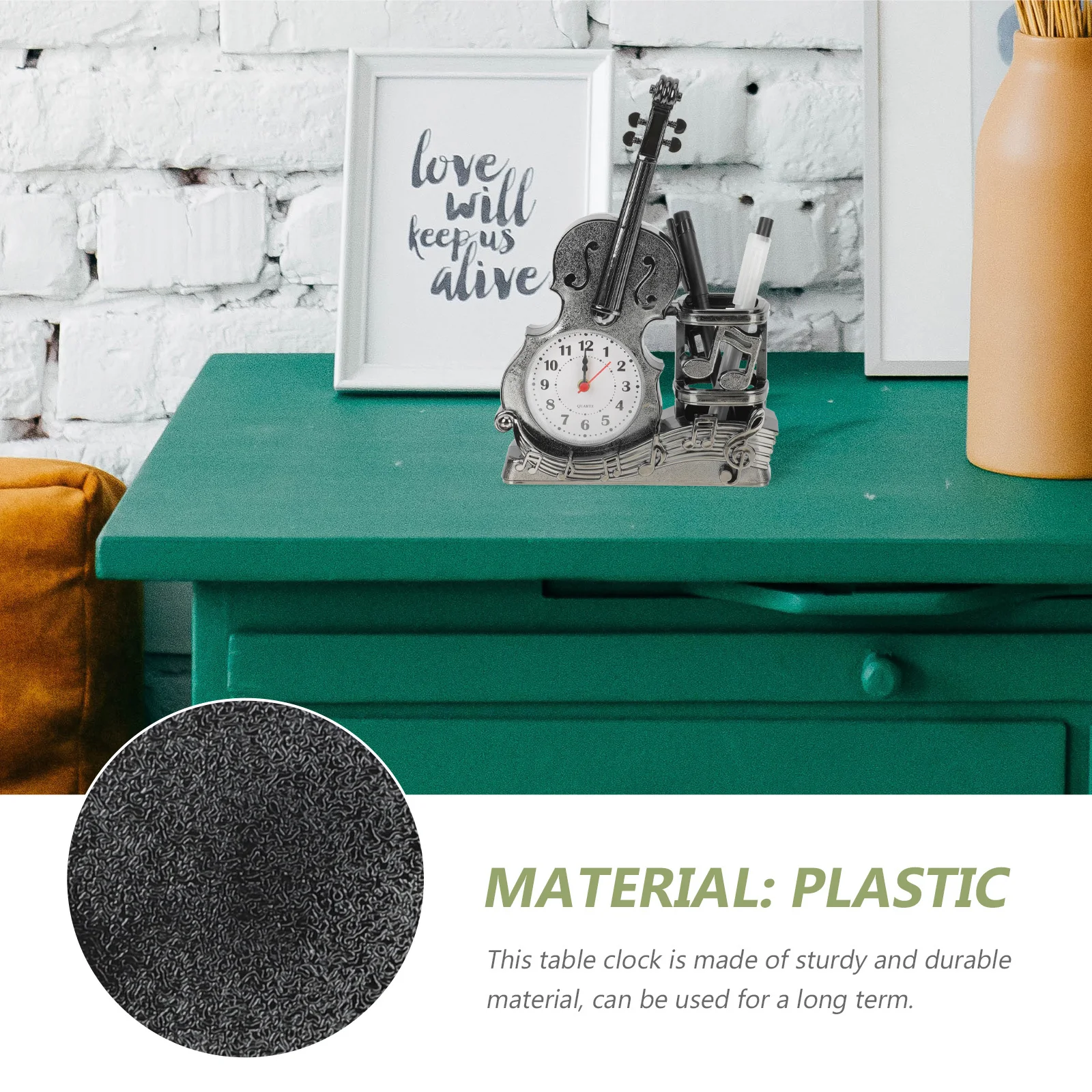 

Violin Table Clock Pen Holder Desktop Decoration Desk Clock Ornament Creative Home Office Shelf Decoration Holiday Gift