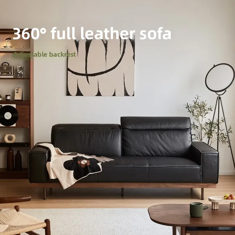 leather sofa, small apartment living room straight row solid wood top layer cowhide sofa, black light luxury simple leather sofa