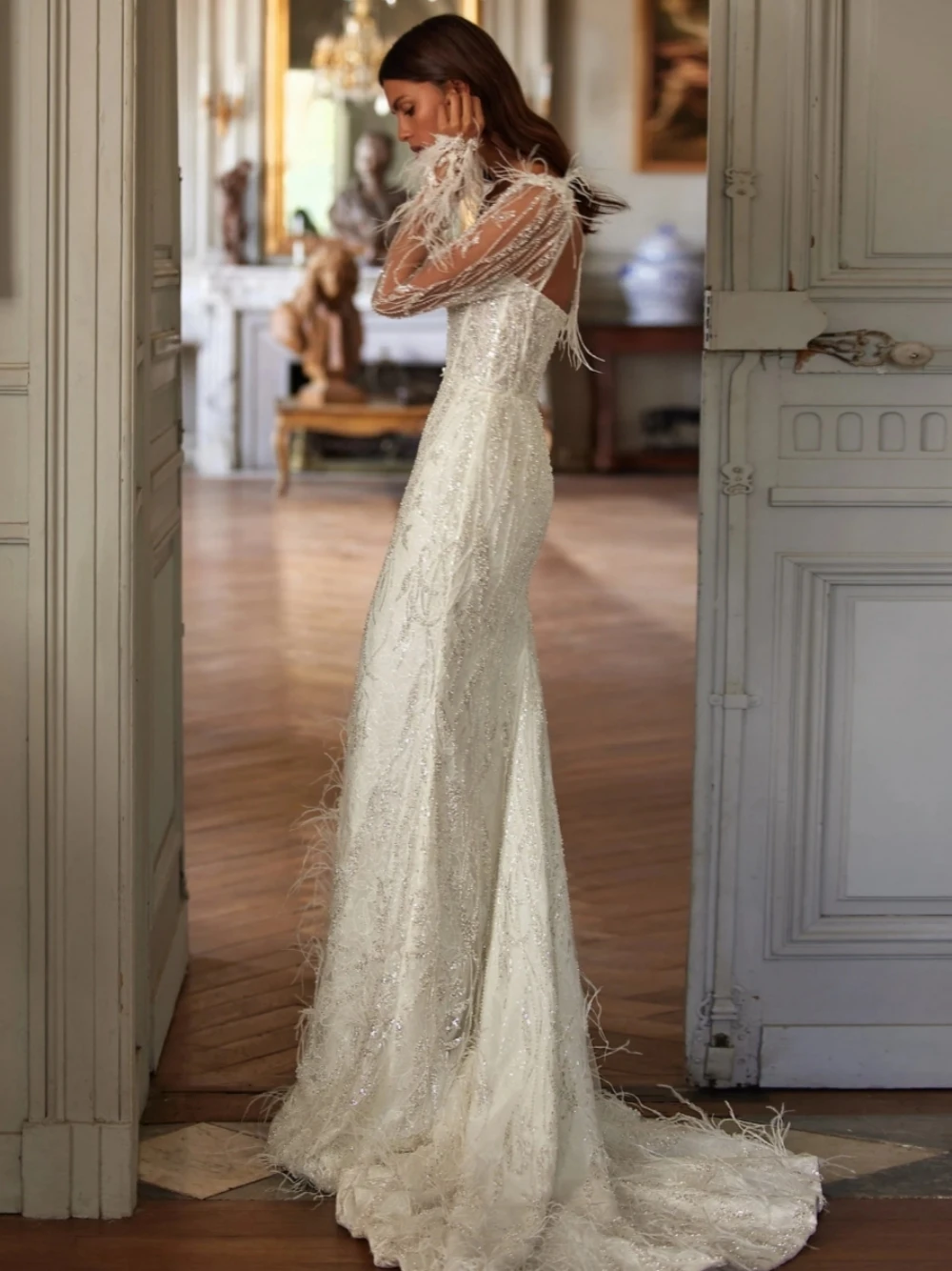 Romantische Liefje Hals Trouwjurk Sprankelende Pailletten Kralen Bruid Gewaad Elegante Kanten Zeemeermin Lange Bruidsjurk Robe De Mariée