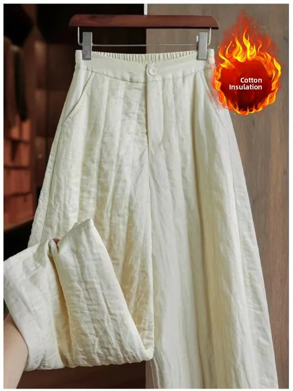 

Winter Thiened High Waist Wide Leg Cotton Pants Women's Outerwear Casual High Waist Polyester Fiber Warmth Pure Color Trousers