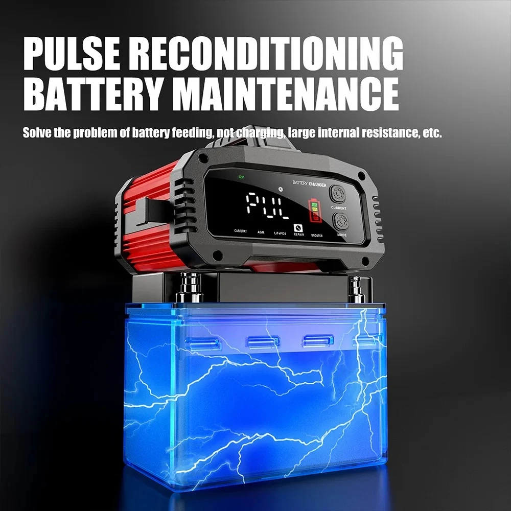 12V 24V FOXSUR  Car Battery Charger For Car Motorcycle Truck High-Power Booster Pulse Repair for Lead-Acid AGM LiFePo4
