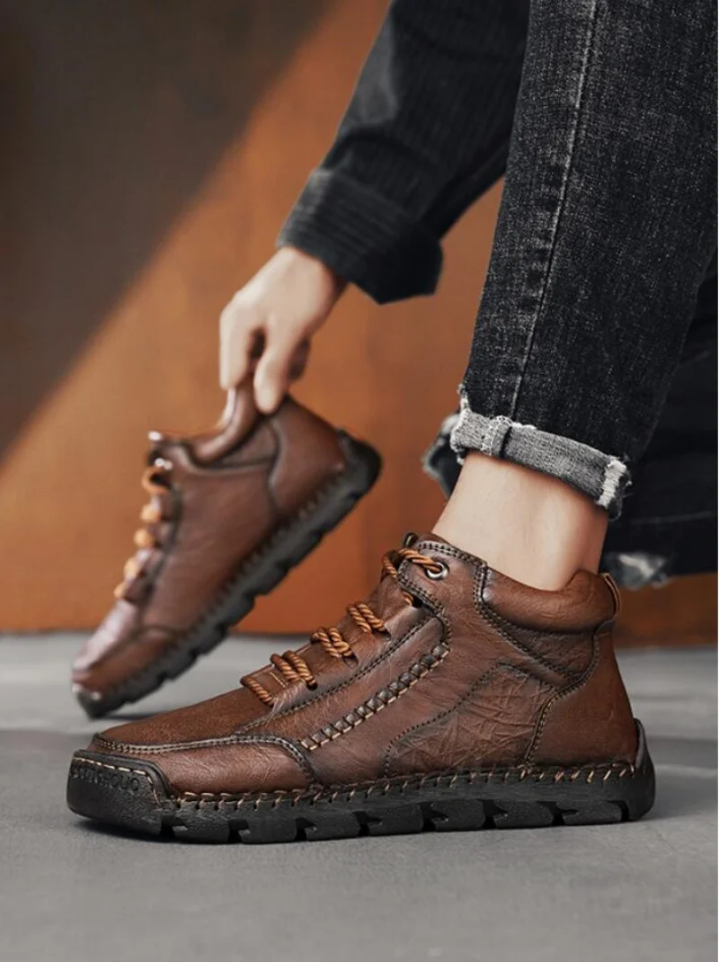 

Men's Retro Handmade Mid-Calf Casual Shoes Trail Running Sneakers Simple and Stylish Walking Hiking Boots Autumn Flat Shoes