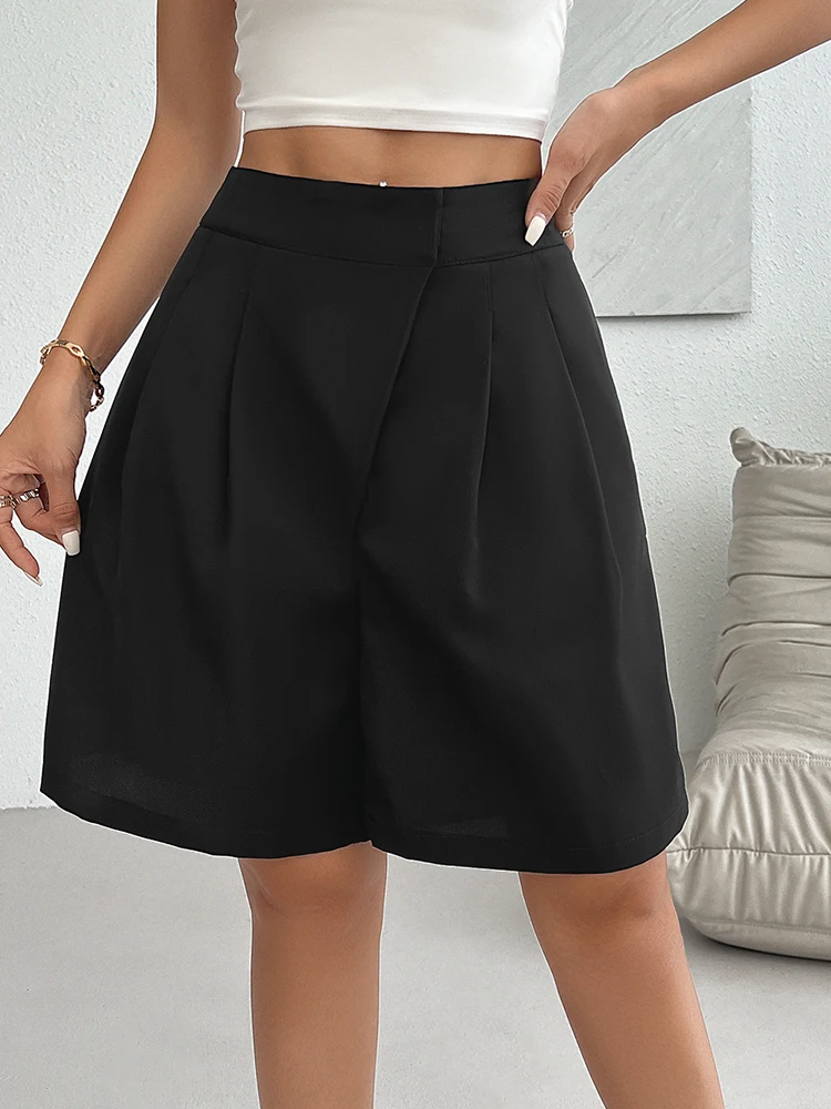 

2024 Women Summer Shorts With Ruffles Casual Solid Black shorts High Waist Loose Shorts For Girls Soft Cool Female Shorts Sales