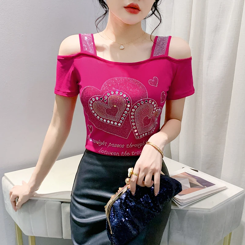 High Quality Heart Shape And Letter Design Women's Shiny Hot Diamonds T-Shirts Chic Sexy Off Shoulder Luxury Tees Mesh Tops