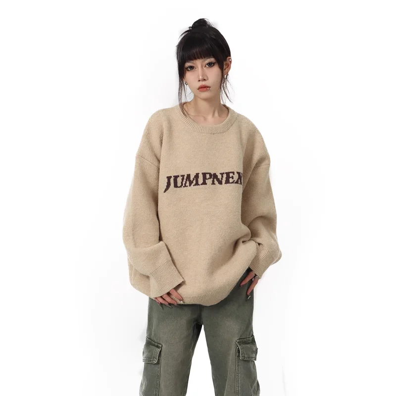 

Apricot Women Clothing Knitting Sweater Long Sleeves Vintage Pullover Round Neck Cashmere 2024 Korean Fashion Female Spring Tops