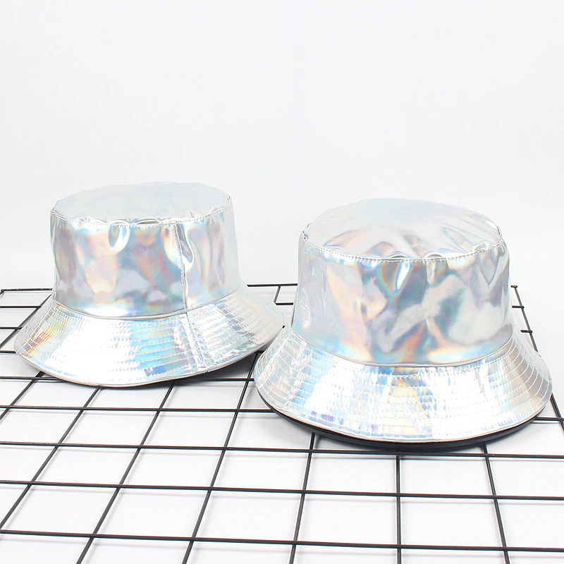 Women Holographic Reflective Bucket Hat Shiny Laser Sun Cap for Party Club Casual Wear