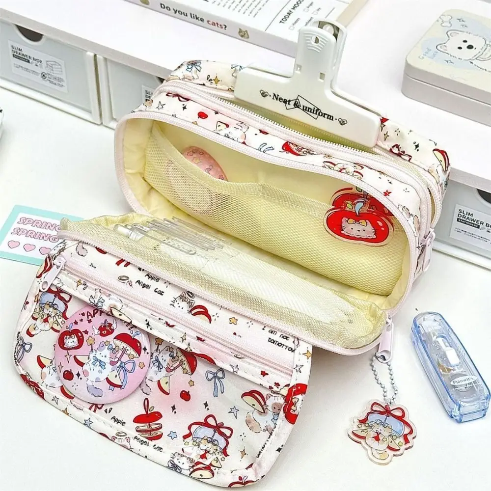 Durable Flip Design Pen Bag Multilayer Large Capacity Pencil Case Red Kitten Pattern Multifunctional Stationery Storing Bag Gift
