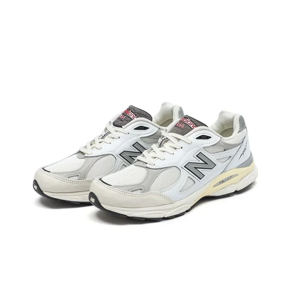 New Balance-Chaussures de course décontractées pour hommes et femmes, NB NB990 V3, Chaussures classiques vintage, Tissu en maille, Cuir, Blanc, Argent, M990AL3