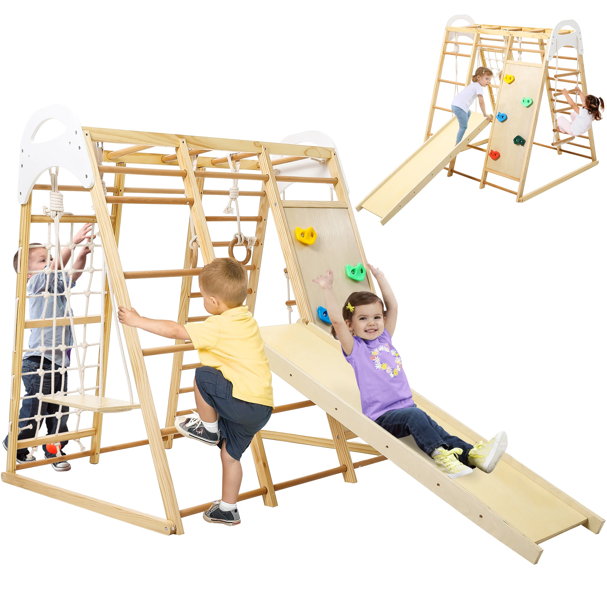 Jungle Gym for Toddlers - 8 in 1 Wooden Gym Playset with Swing, Monkey Bar, Rings, Climbing Structure, Sliding Ramp