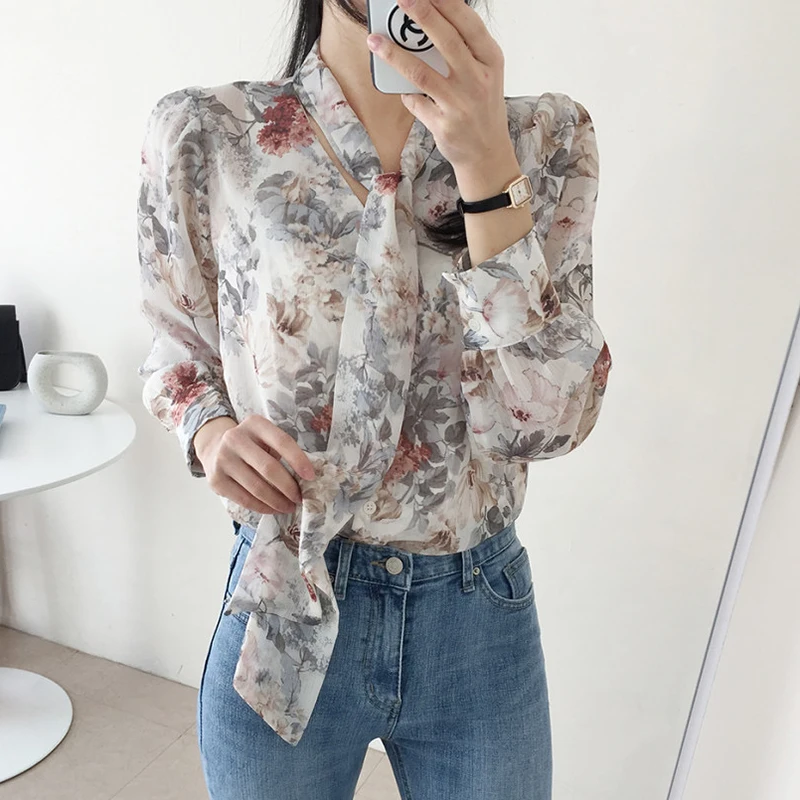 Chic Chiffon Shirts Long Sleeve Printed Floral Tie Blouse Female 2025 New Loose Casual Office Ladies Tops