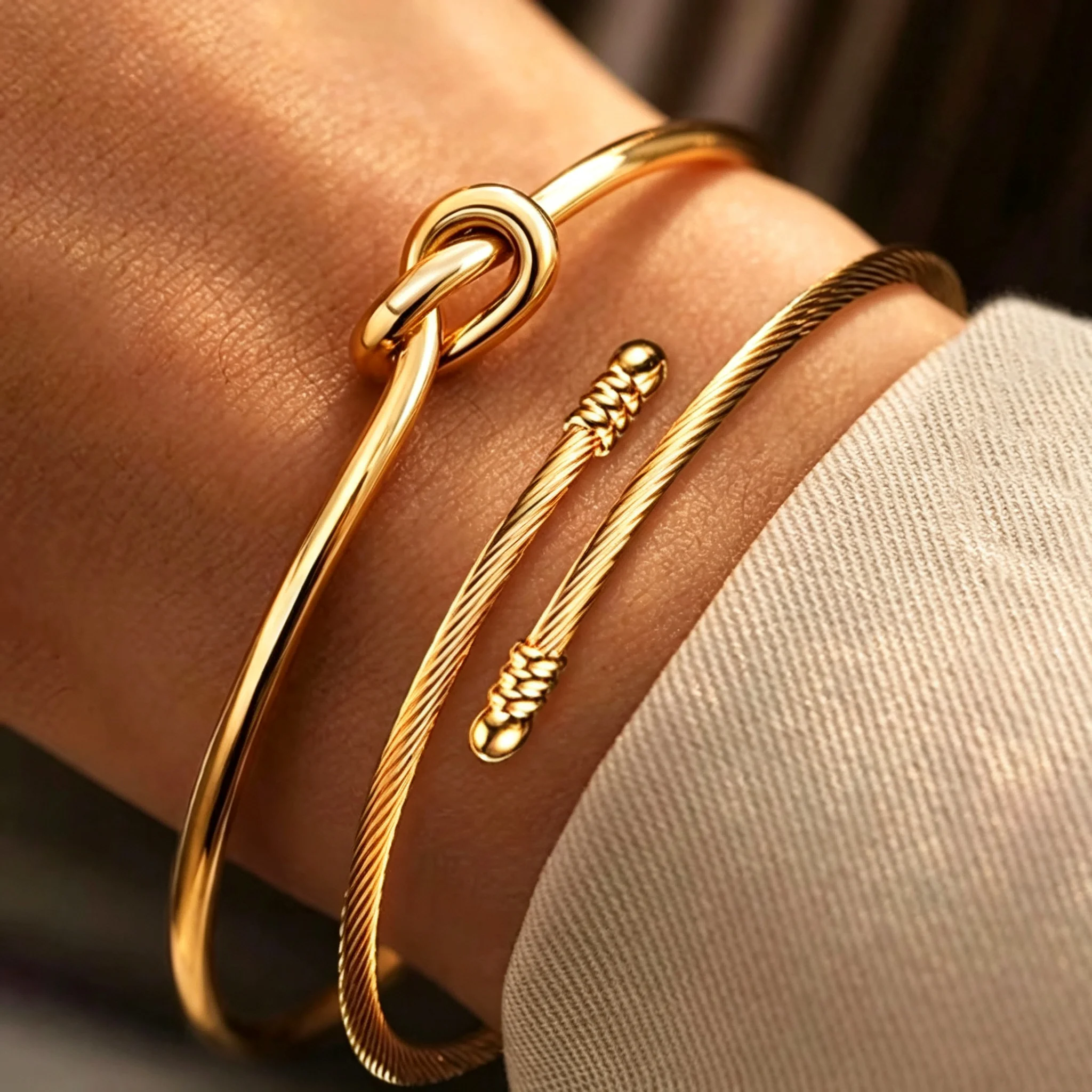 2Pcs Women Knot Twisted Bangle Set Stainless Steel Gold‑Color Stackable Bracelet Daily Jewelry Gift