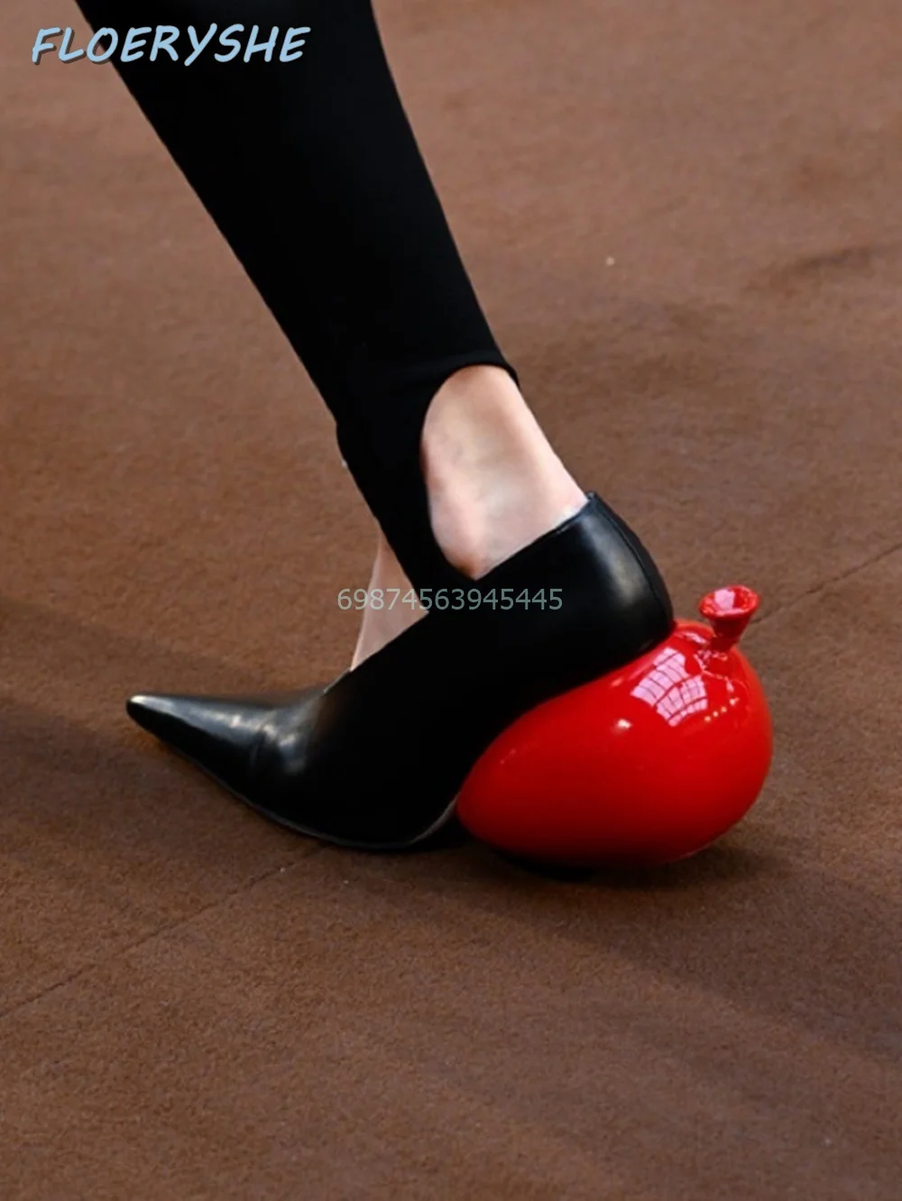 Balloon heel Niche Pumps Spring Women Heels Pointed Toe 2024 Shallow Special Heel Black Matte Leather Slip On Design Mules