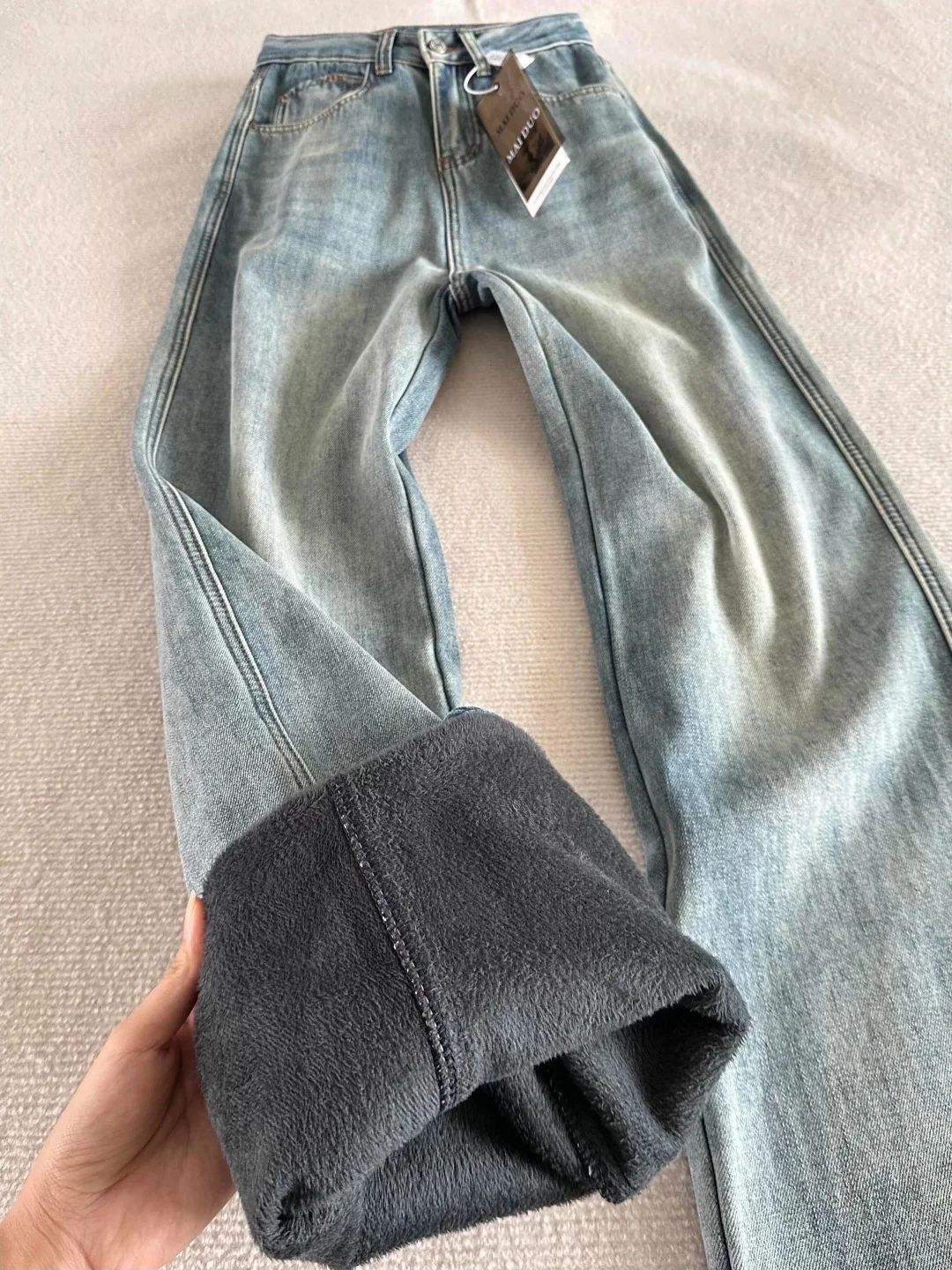 

Синие джинсовые джинсы Thi на подкладке в стиле ретро, мужские осенне-зимние облегающие брюки в американском стиле High Street, узкая версия, расклешенные брюки с микро-кльцами