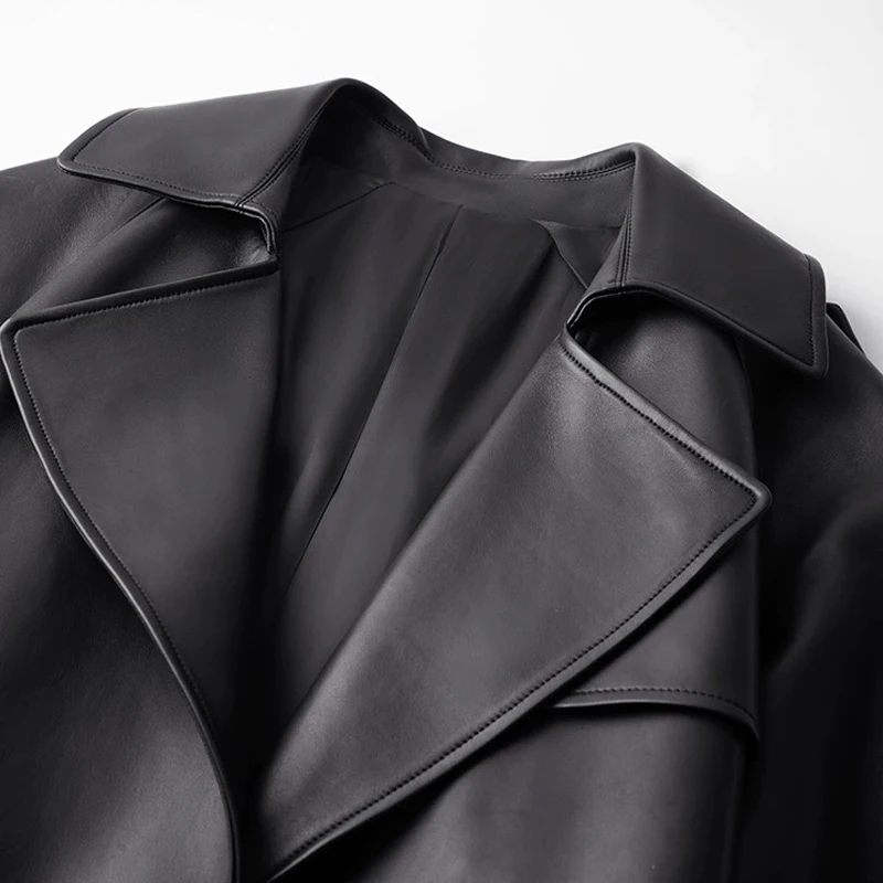 Stylowy Klasyczny Czarny Damski Płaszcz Trencz z Owczej Skóry w Kształcie Litery A, Jesień 2025, Sznurowany Pasek, Damski Płaszcz z Naturalnej Skóry, Luźny Długi Płaszcz Wierzchni