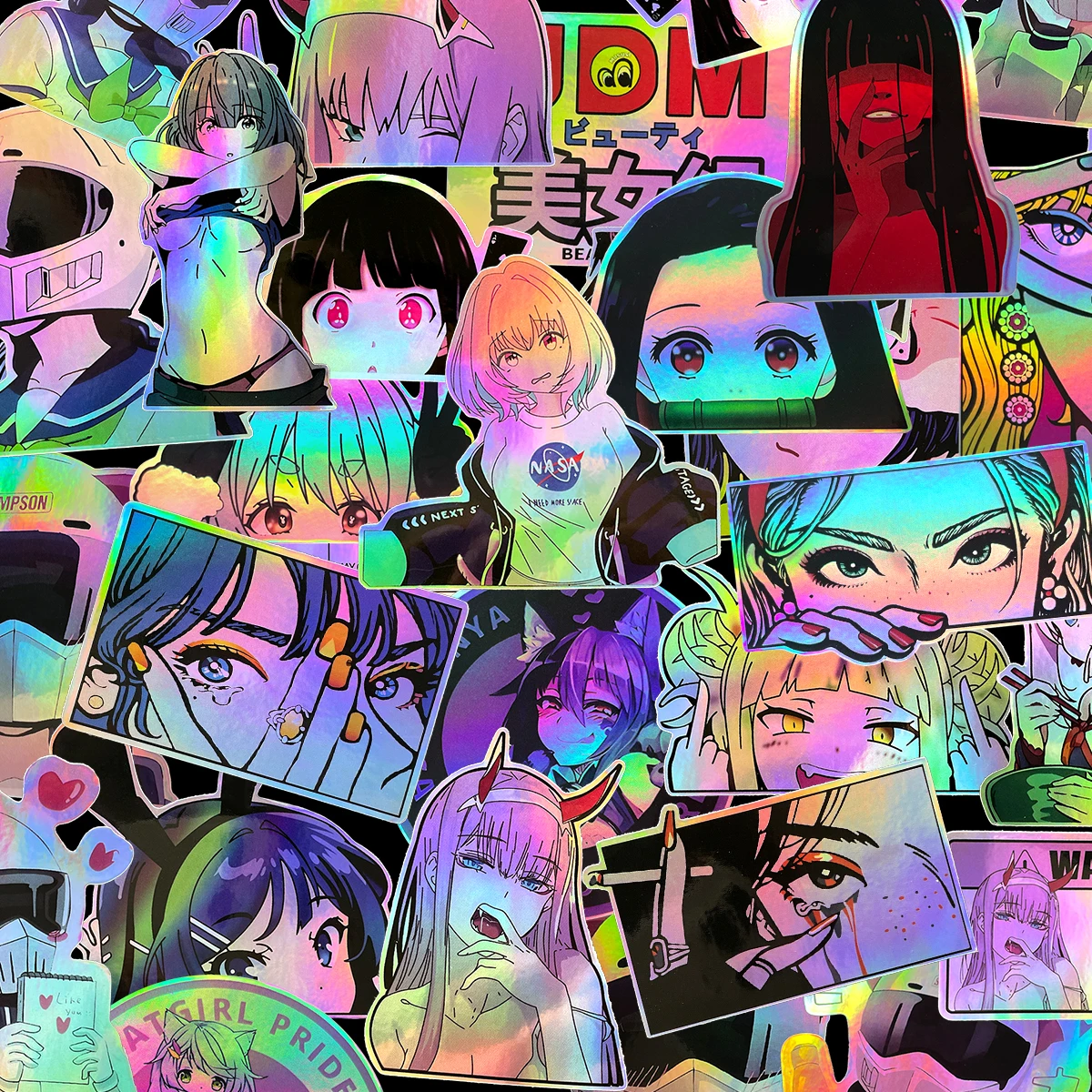 

32 шт. лазерные аниме красивые наклейки эстетические граффити наклейки для мотоцикла, автомобиля, велосипеда, шлема, JDM логотип, аксессуары, набор наклеек «сделай сам»