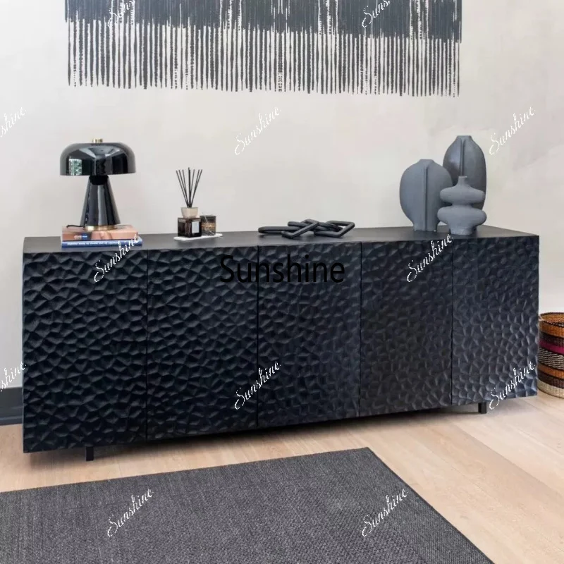 

Italian style silent wind solid wood black side cabinet baking paint entrance design art carving