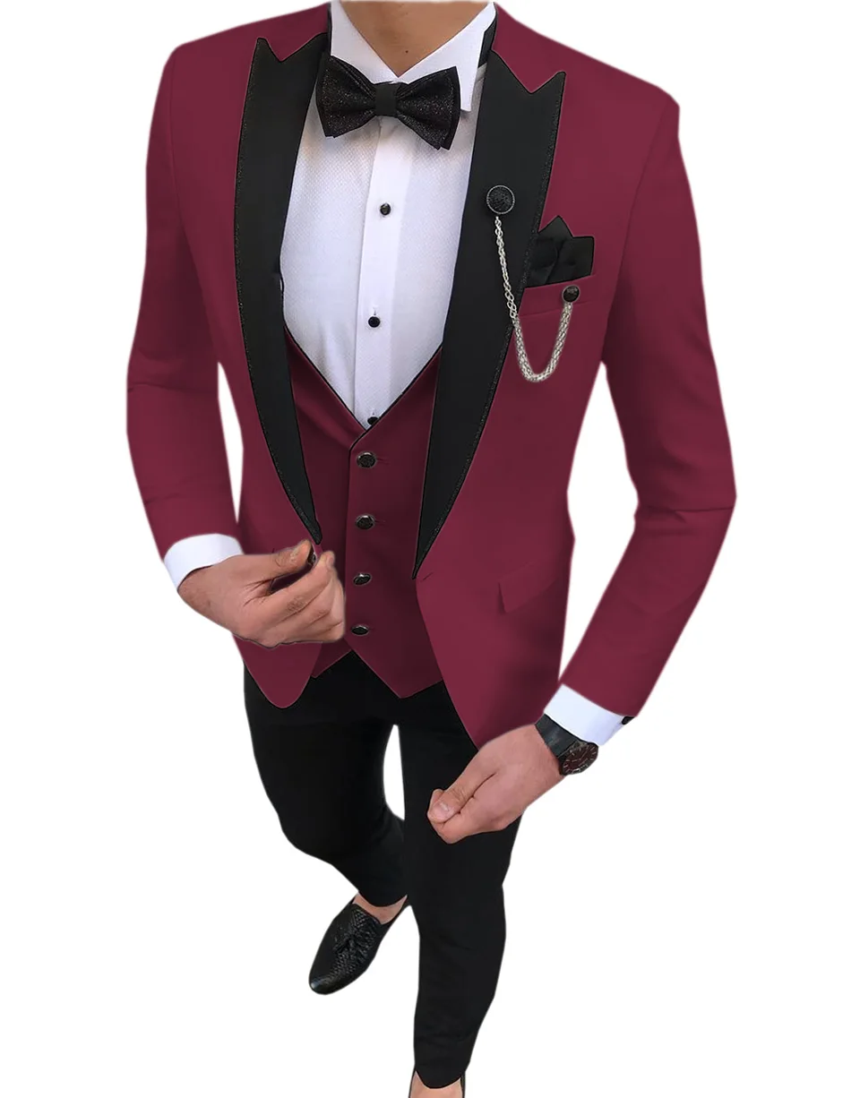 

Burgundy Men's Suit Black Lapel One Button Suit Business Wedding Tuxedo Prom Party Casual Suit 3 Piece Blazer + Vest + Pants