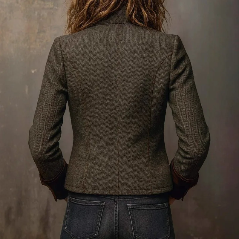 Dark Green Herringbone Tweed Jacket Stand Collar Velvet Cuff Button Pocket Vintage Long Sleeve Cropped Casual Women Coat 260801